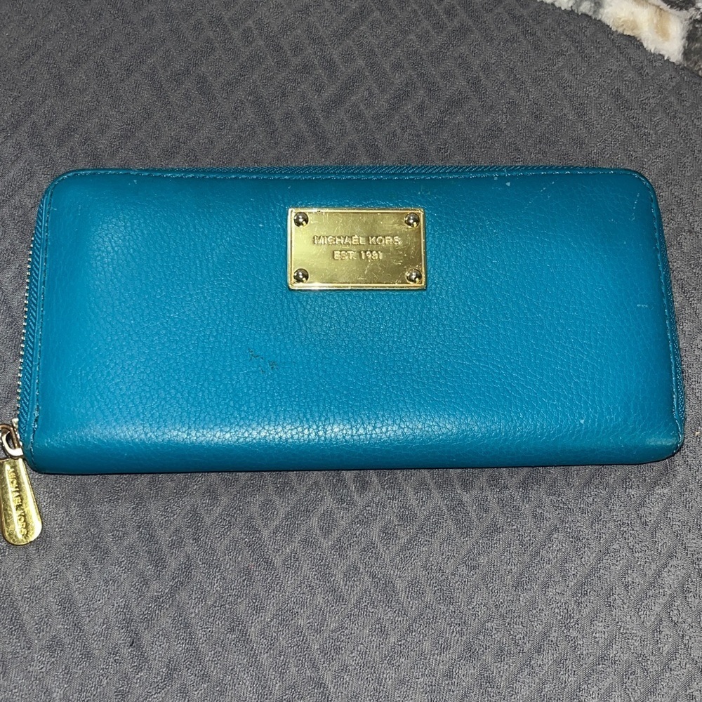 Michael Kors Teal Blue Long Zip Around Wallet with Gold Accents